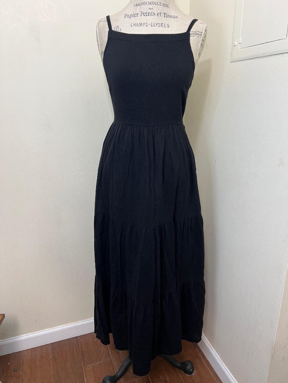 Cottton Black Old Navy shoulder tie maxi dress tiers skirt elastice back Size S